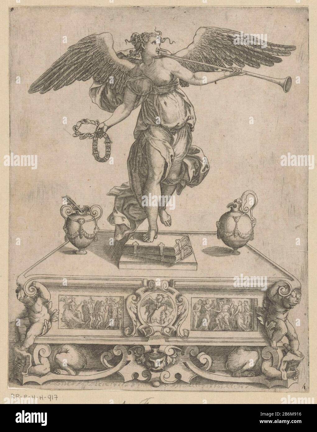 Faam Fame as a winged female figure, standing on two books and blowing a trumpet. In her hand she holds two rings formed by ears, tongues and ogen. Manufacturer : print maker: anonymous location manufacture: Italy Date: 1500 - 1599 Physical characteristics: etching and engra with plate tone material: paper Technique: engra (printing process) / etch / plate tone dimensions: sheet: h 224 mm (inner plate edge cut) b × 175 mm (inner plate edge cut)  Subject: Fame; 'Fama', 'Fama buona', 'Fama chiaramonte' (RIPA) horn, trumpet, cornet, trombone, tuba ears eyes tongue Stock Photo