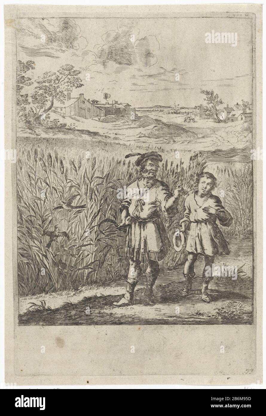 Fabel van de leeuwerik en haar jongen Fabels van Aesopus (serietitel) In a cornfield a lark a nest with her boy. A young lark reports to his mother that help the farmer to harvest invokes the field. Illustration of a fable Aesopus. Manufacturer : printmaker: Dirk Stoop Publisher: John OgilbyPlaats manufacture: London Date: 1665 Physical features: etching material: paper Technique: etching Dimensions: plate edge: H 259 mm × W 175 mmToelichtingPrent used: Ogilby, John. The Fables of Aesop Paraphras'd in Verse: Adorn'd with Sculpture and Illustrated with Annotations. London: John Ogilby, 1665 and Stock Photo