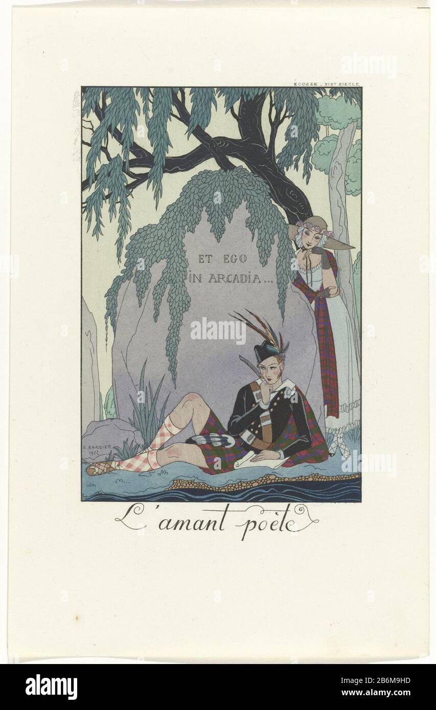 Poet in Scottish dress, sitting on a boulder with the words Et in Arcadia ego. Print from the series Falbalas & Fanfreluches (1922-1926) . Manufacturer : to drawing of: George Barbier (indicated on object) print maker: anonymous publisher: J. MeynialPlaats manufacture: Paris Dated: 1922 and / or 1923 Physical characteristics: lithography, with the templates, and hand colored material: paper technique: pochoir / hand color / lithography (technique) Dimensions: sheet: h 244 mm × W 159 mm Subject: fashion plates head-gear: hat (+ women's clothes) gloves, mittens (mitaines) (+ women's clothes ) dr Stock Photo