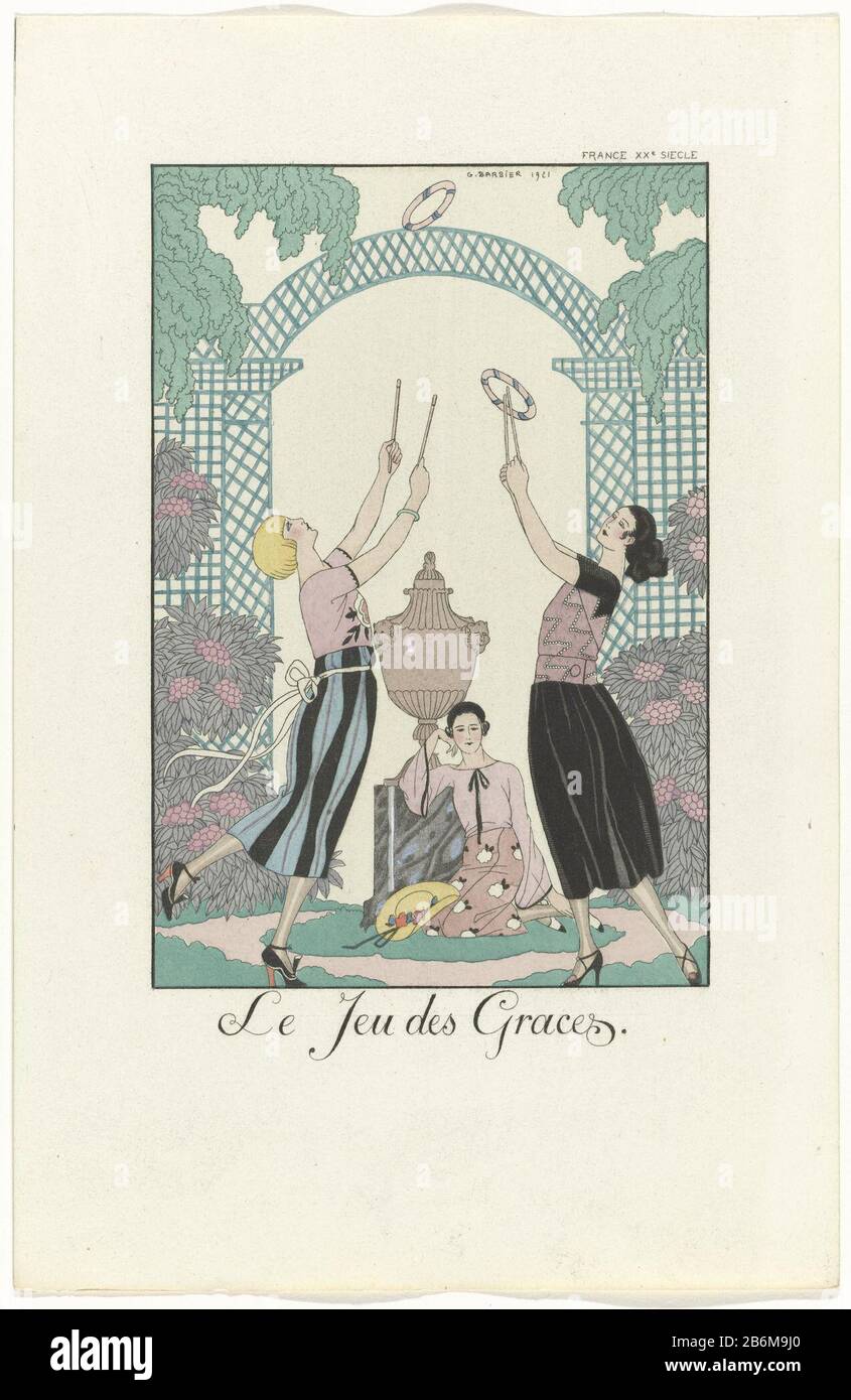 Three young women in a arbor. Two of them play a game with sticks and  rings. The third is in a decorative vase and watching. Print from the  series Falbalas & Fanfreluches (