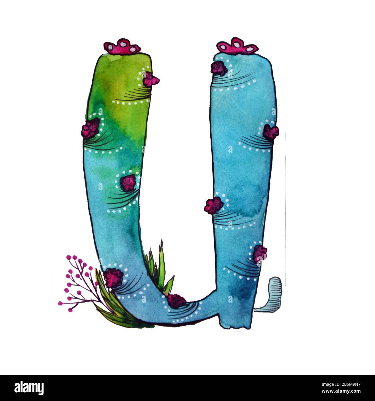 U letter in the form of cactus in blue colors, green eco English letter Illustration on a white background Stock Photo