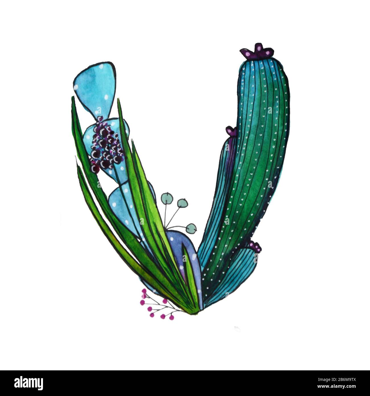 V Letter In The Form Of Cactus In Blue Colors Green Eco English Letter Illustration On A White Background Stock Photo Alamy
