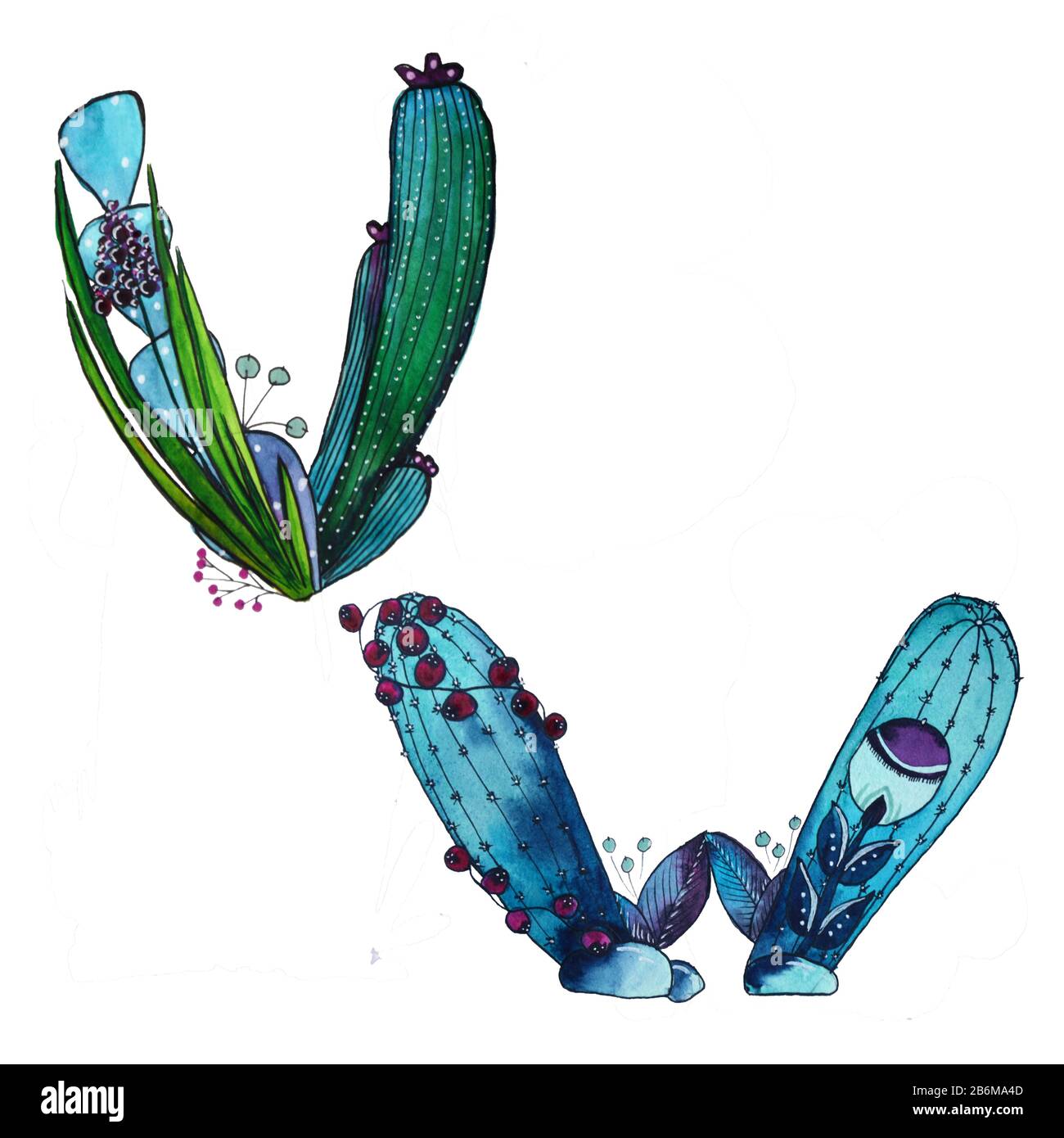 V, W letter in the form of cactus in blue colors, green eco English letter Illustration on a white background Stock Photo