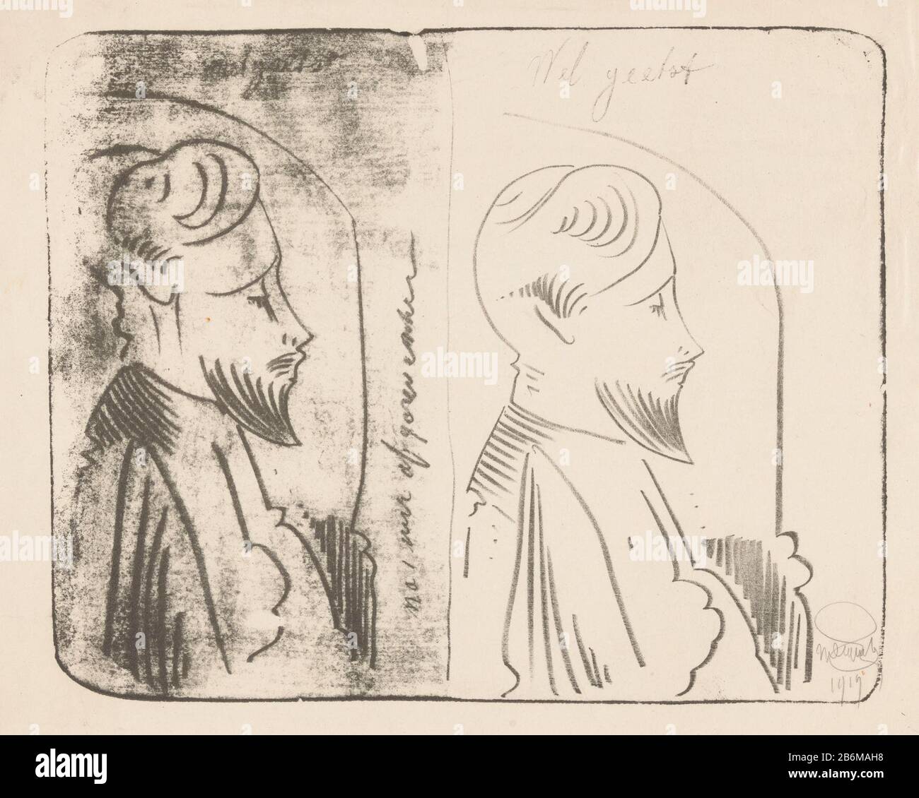 Fantasie twee keer een man met een sik in profiel naar rechts Two times a man with a goatee in profile to the right . Manufacturer : print maker: Samuel Jessurun the Mesquita Dating: 1919 Physical characteristics: lithography material: paper technique: lithography (technique) Dimensions: image: h 215 mm × W 265 mm Stock Photo