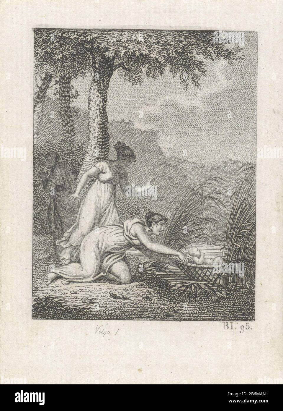 Farao's dochter vindt Mozes in het biezen mandje The daughter of Pharaoh found Moses in the bulrushes basket between the reeds on the bank of the river Nile (Ex. 2: 5). Behind her the second woman in the background a runaway husband. Bottom right: p. 9. Manufacturer : print maker: Philippus Vellum (indicated on object) Place manufacture: The Netherlands Date: 1820 Physical characteristics: etching and stippelets Material: paper Technique: etching / engra (printing process) Measurements: sheet: h 99 mm × b 73 mmToelichtingPrent used as the book illustration in: almanac dedicated to grace and vi Stock Photo