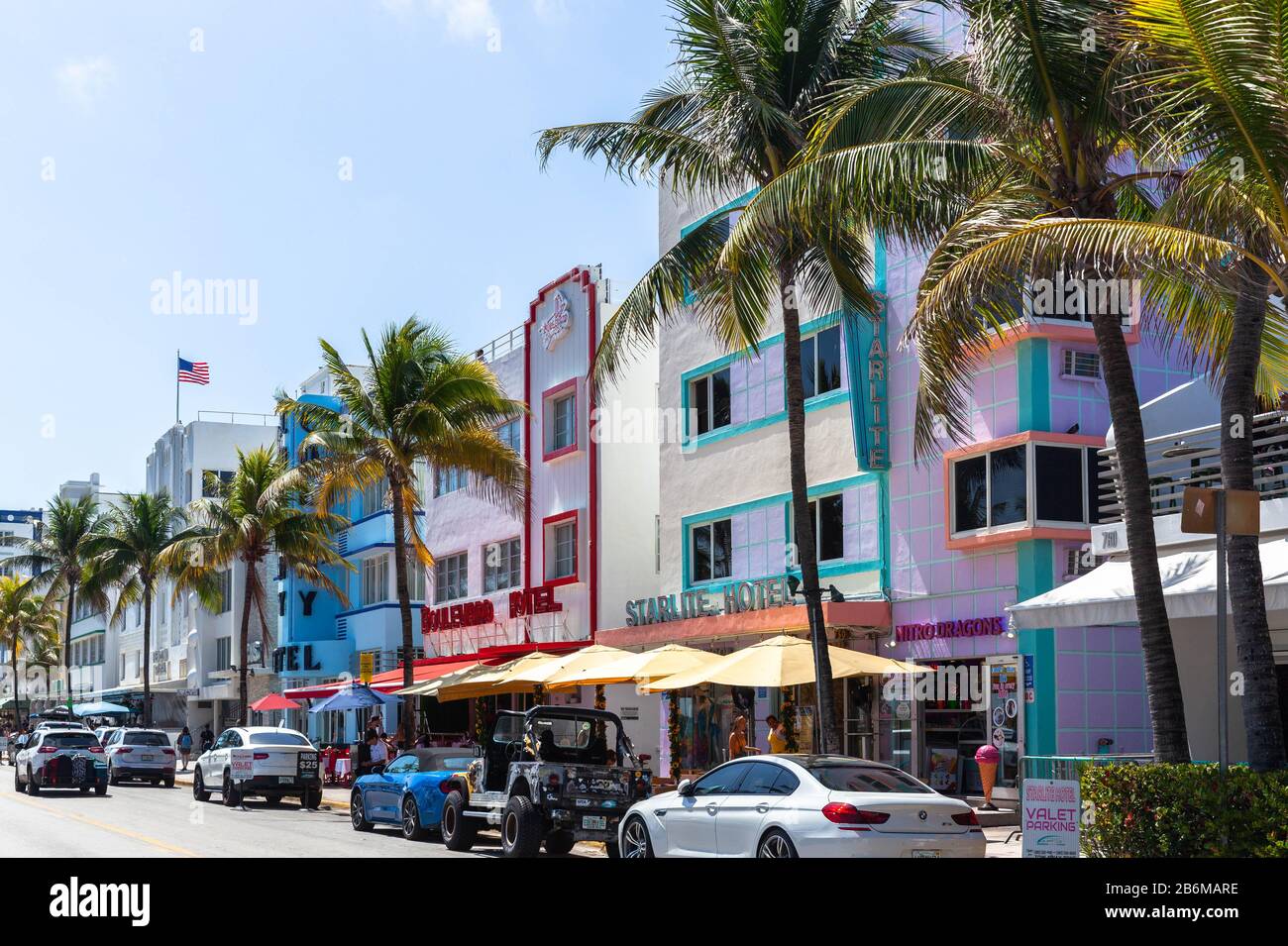 A row of Art Deco style hotels alongside Ocean Drive, South Beach, Miami Beach, Florida, USA. Stock Photo