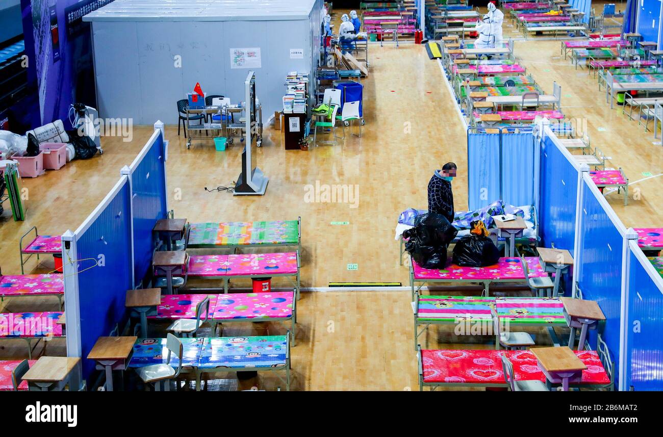 Wuhan, China. 10th Mar, 2020. All the 16 field module hospitals in Wuhan are officially closed after the last 49 patients discharged from Hongshan Stadium in Wuhan, Hubei, China on 10th March, 2020.(Photo by TPG/cnsphotos) (Photo by Top Photo/Sipa USA)All the 16 field module hospitals in Wuhan are officially closed after the last 49 patients discharged from Hongshan Stadium in Wuhan, Hubei, China on 10th March, 2020. (Photo by TPG/cnsphotos) (Photo by Top Photo/Sipa USA) Credit: Sipa USA/Alamy Live News Stock Photo