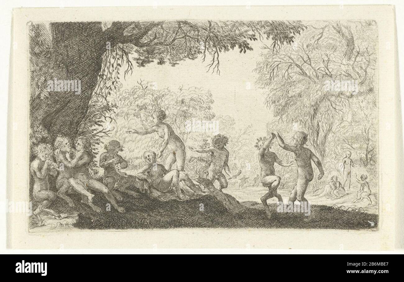 Feestende saters en bosnimfen bij een open plek in het bos Bacchanalia with partying satyrs and wood nymphs in a clearing in the woods. On the right a dancing stel. Manufacturer : print maker: Willem Basse (indicated on object) Place manufacture: Amsterdam Date: 1633 - 1672 Physical characteristics: etching and engra material: paper Technique: etching / engra (printing process) Measurements: plate edge: h 75 mm × W 123 mm Subject : thiasos, ie Bacchus' revel-rout, without bacchanal Bacchus Stock Photo