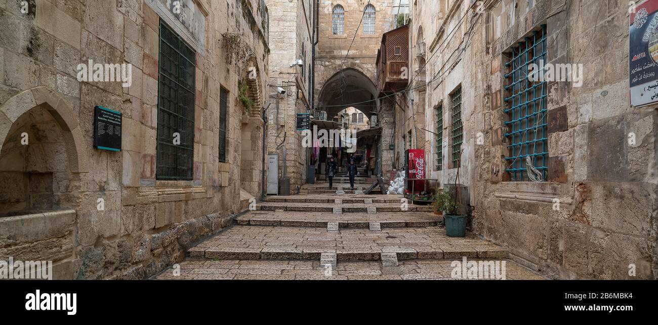 View of houses on the street, Muslim Quarter, Old City, Jerusalem, Israel Stock Photo