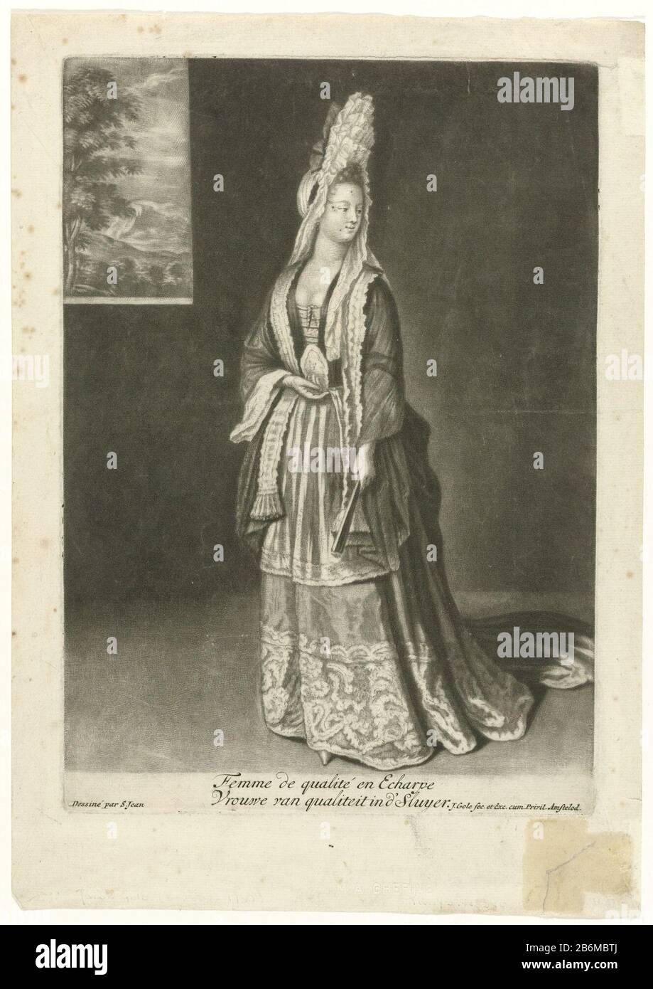 Leading woman wearing a manteau with drag and engageantes. She wears an devant-the-gorge (thorax), transparent wide scarf around the shoulders, skirt and ornamental apron. Fontangekapsel and palisade 'accessories: earrings, thin scarf trimmed with frills, long gloves and fan. In the face four Mouches. The print is a copy in a mirror image to number 58 from a series of 73 costume prints, drawn by J.D. Saint-Jean, Paris, 1683-1694. Manufacturer : printmaker Jacob Gole (listed property) to drawing: Dieu de Saint Jean (listed building) Publisher: Jacob Gole (listed property) Place manufacture: Par Stock Photo