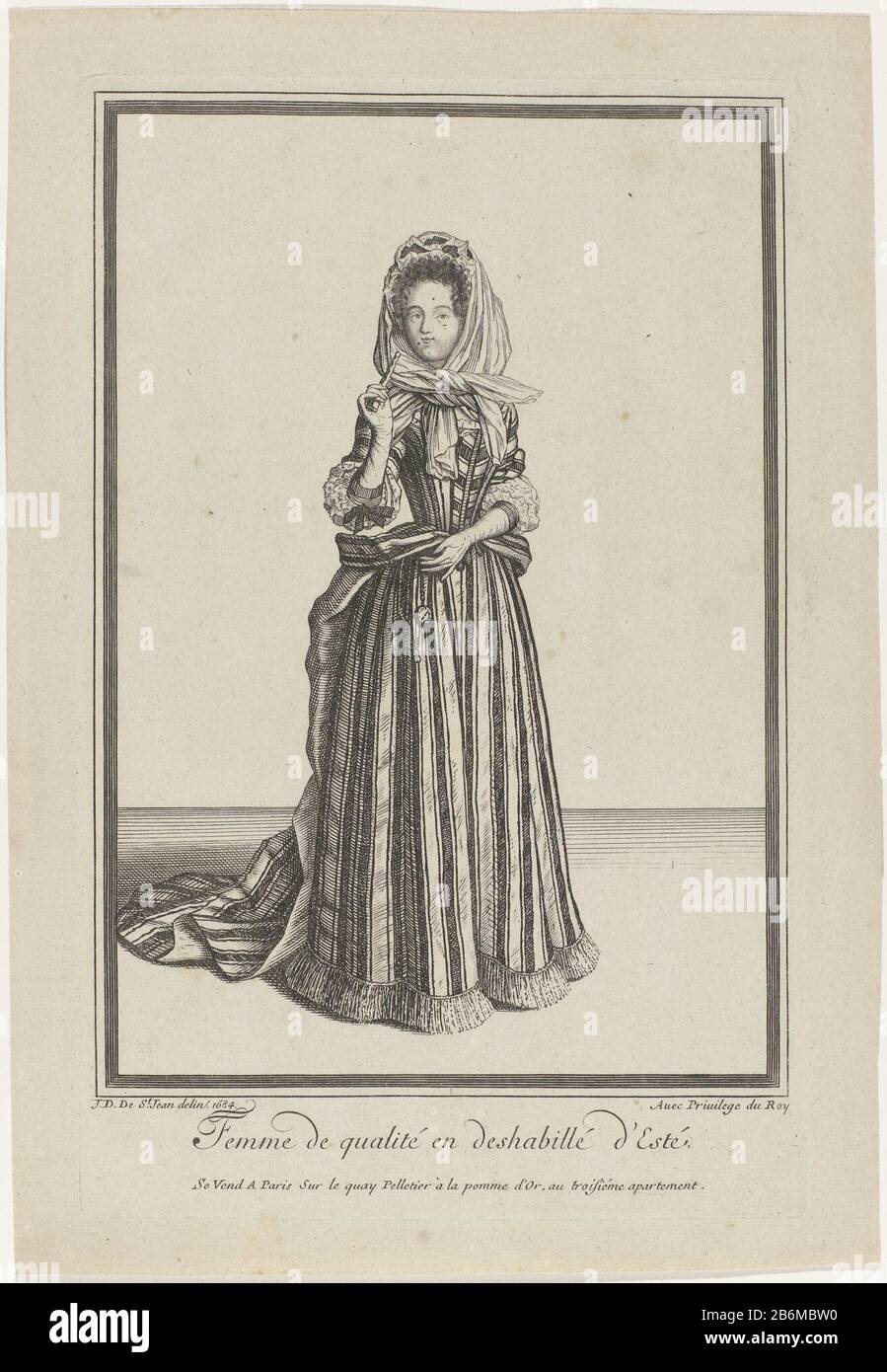 Lady in summer dress. She wears a "manteau" and tow knit engageantes. A  veil on hoofd. Manufacturer : to drawing of: Dieu de Saint Jean (indicated  on object) Date: 1684 Material: paper