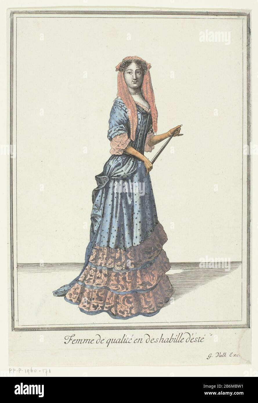 Lady standing right, wearing 'portmanteau' for the summer, according to the  fashion of about 1685, veil on head , collapsed range in handen.  Manufacturer : printmaker: anonymous to print from: Dieu de
