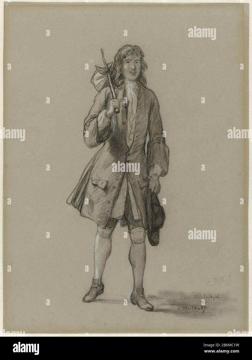 Ferdinand Huyck keert terug uit den vreemde Illustratie voor het gelijknamige boek van Jacob van Lennep A young man in 18th century costume, a knapsack on deschouder. Figure Study for the first illustration in the splendor edition of Jacob van Lennep's Ferdinand Huyck, Leiden zj Manufacturer : artist: David Bles (listed property) Date: Oct 11 1887 Physical features: black and white chalk on blue (faded) Paper material: paper chalk Dimensions: structural height: h 300 mm × W 218 mm Subject: literary characters and voorwerpenknapsack, rucksackarrival and return  traveling Stock Photo