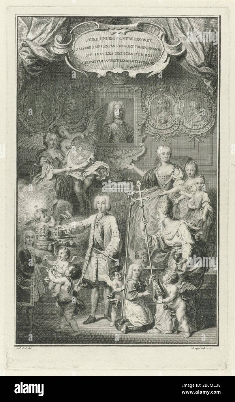 Ferdinand VI als opvolger van Filips V ten midden van zijn familie Under the centrally standing portrait of Philip V, king of Spain, is his family. His son Ferdinand VI, holds as his successor the commander staff in his hand. Right about Ferdinand's stepmother Elisabeth Farnese Parma, pointing at the portrait of her husband Philip V of Spain. With her are her daughters. Right in the foreground provide the Church with papal tiara on the head, putti and one of her sons to the bishop's miter. At the top of a cartouche with a French text about the happiness of the Queen moeder. Manufacturer : prin Stock Photo