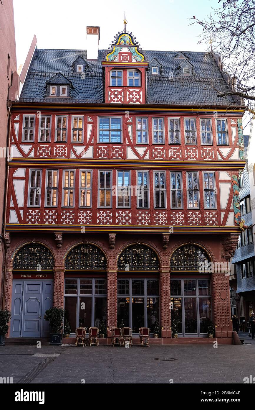 Europe, Germany, Rhein-Main, Frankfurt, new old town, a cafe in a half-timbered house, in front of the door tables and chairs invite to stay, Roemer Stock Photo