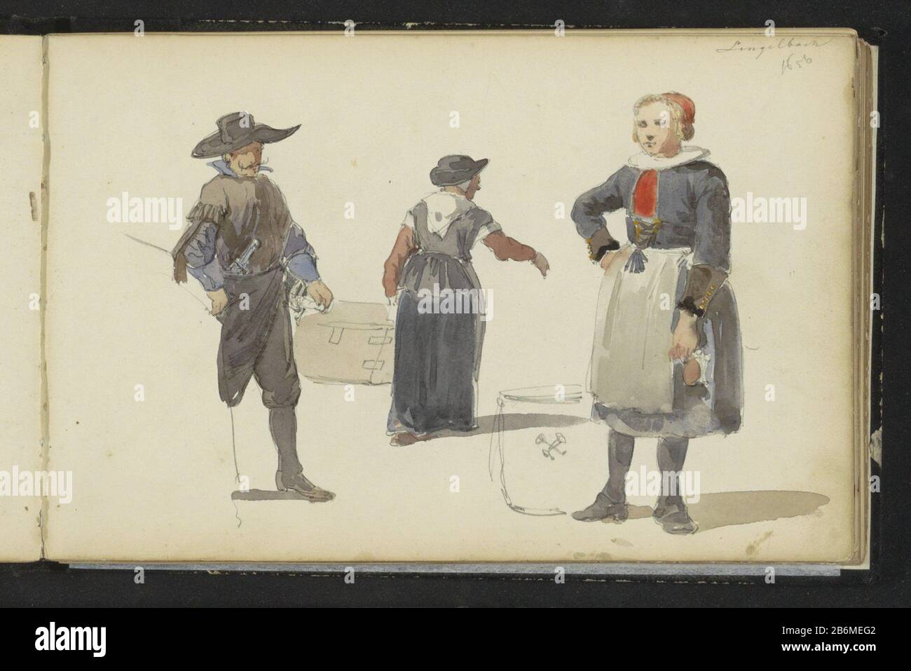 Figuren in zeventiende-eeuwse kleding Two women and a man in  seventeenth-century clothing. Sheet 23 from a sketch-91 bladen.  Manufacturer : draftsman: Cornelis Springer to painting of: Johannes  Lingelbach (indicated on object) Place