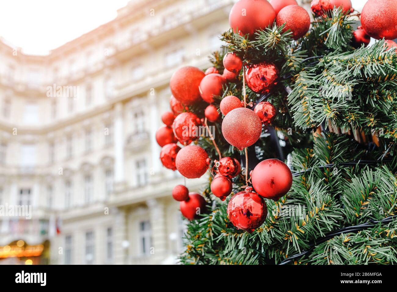 Christmas decorations near hotel building Stock Photo Alamy