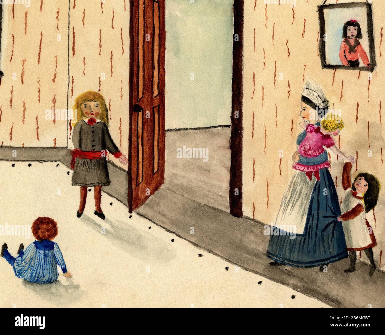Looking after children circa 1885. Detail from a watercolour painted in or around 1885 by a Victorian child living in England Stock Photo Alamy