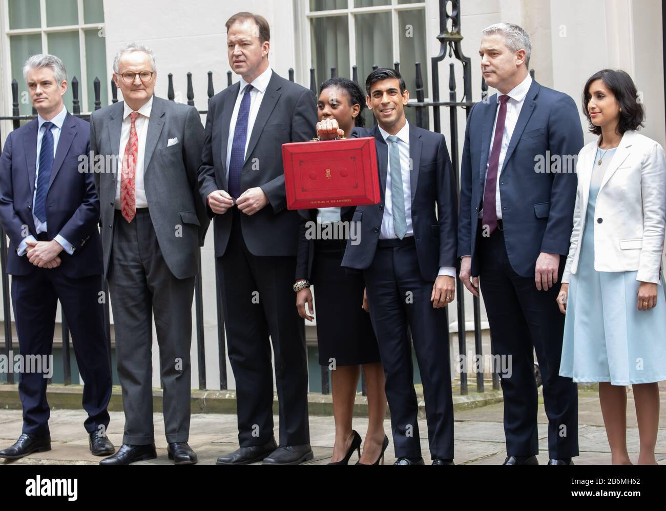 London,UK,11th March 2020,Members of the Treasury pose for photos before The Chancellor of the Exchequer, The Rt Hon Rishi Sunak MP leaves Downing Street for the Houses of Parliament to deliver his Budget speech to the commons. It will be his first Budget speech as he has only been in office for just under a month.Credit: Keith Larby/Alamy Live News Stock Photo