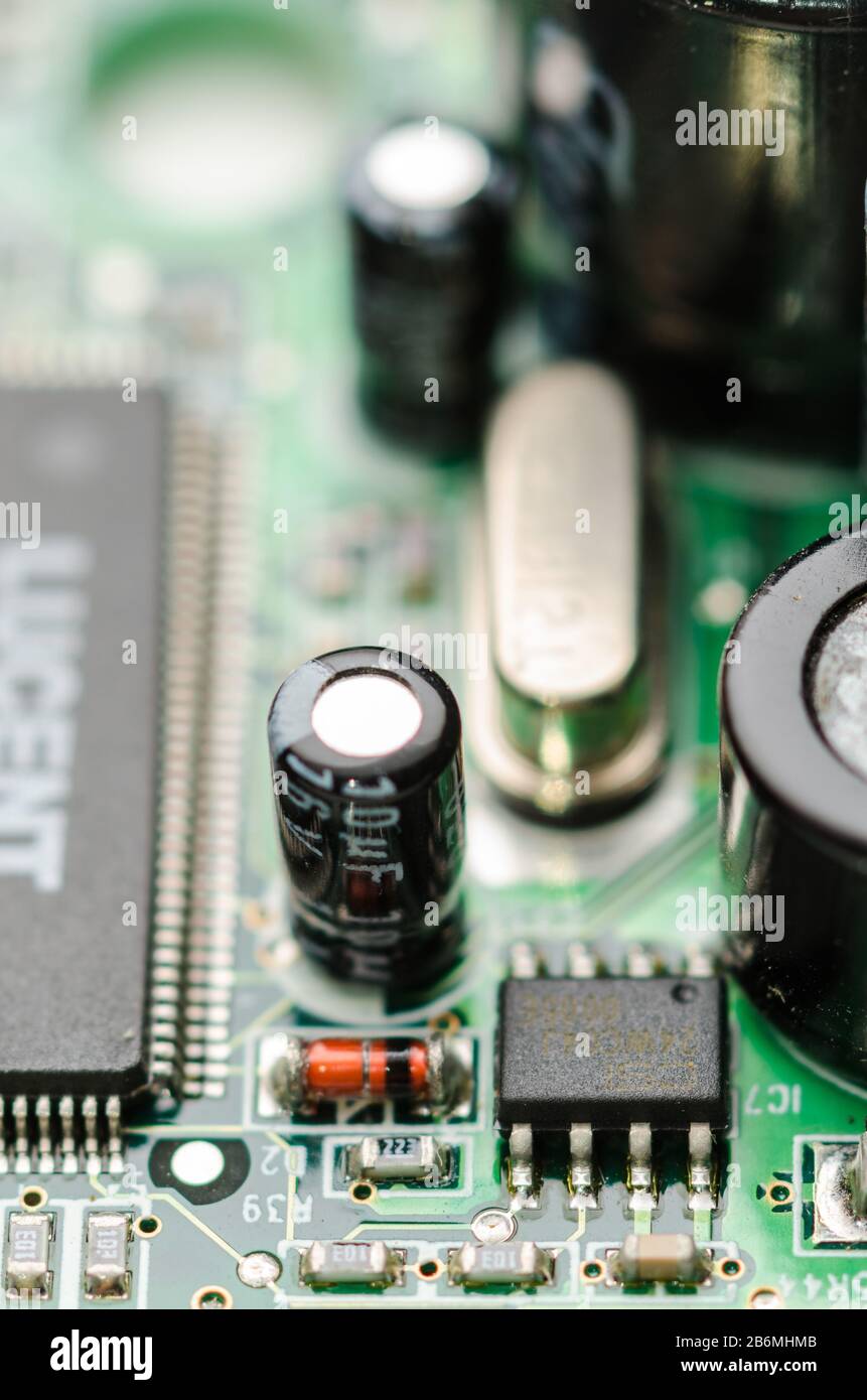 Close up macro of computer hardware modem circuit board, modulator