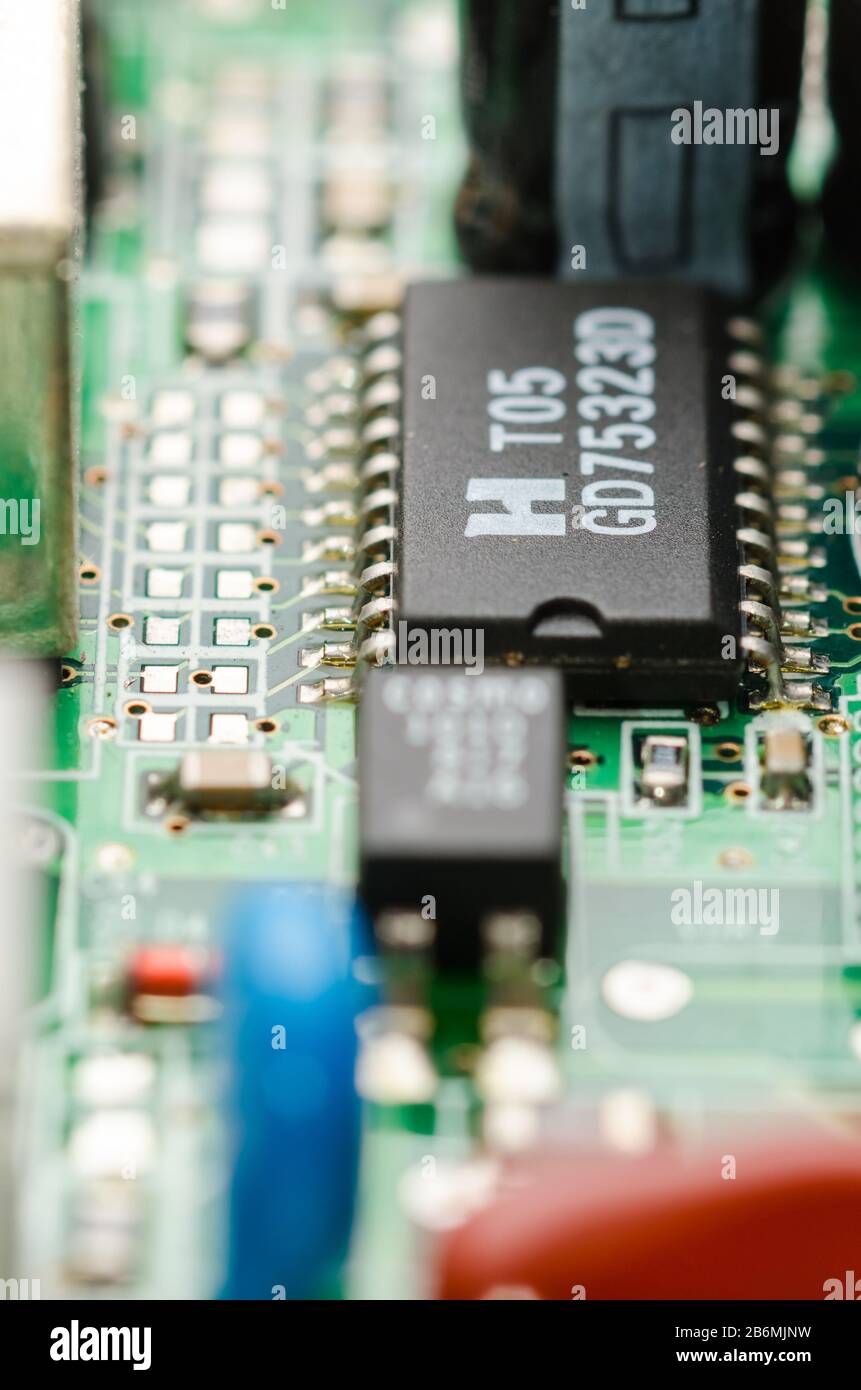 Close up macro of computer hardware modem circuit board, modulator