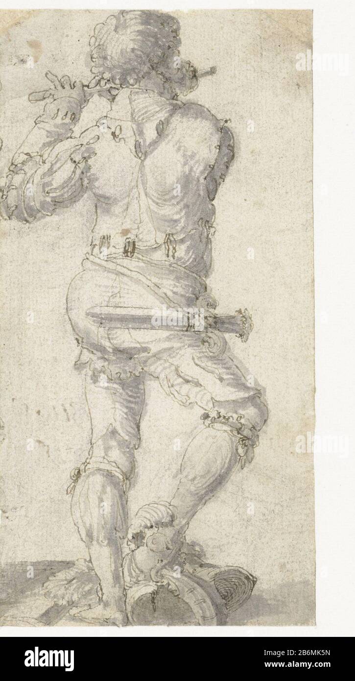 Fluitspeler met zijn rechtervoet op een helm, op de rug gezien Flute Player with his right foot on a helmet, seen from the back object type: drawing Object number: RP-T-1967-38 Manufacturer :  draftsman: Aertgen Claesz. of Leyden Date: 1508 - 1564 Physical characteristics: pen in brown, brush in gray material: paper Ink Technique: pen / brush dimensions: h 142 mm × W 72 mm Subject: one person playing wind instrument Stock Photo