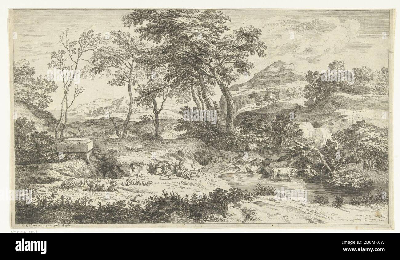 Fluitspelende herder met zijn kudde Hill landscape with flock of sheep, two persons, one sleeping, the other fluted and a dog watching a herd in the rivier. Manufacturer : printmaker: Adriaen van der Cabel Publisher: Robert N. (listed property) provider of privilege: Louis XIV (king of France) (listed building) Place manufacture: France (possible ) Dated: 1648 - 1705 Physical features: etching material: paper Technique: etching dimensions: sheet: h 247 mm × W 432 mm Subject: landschappenherding, herdsman, herdswoman, shepherd, shepherdess, cowherd, etc. Stock Photo