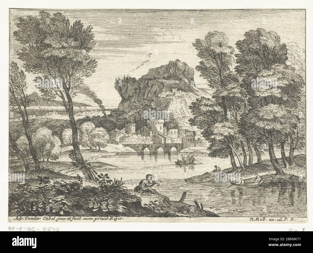Fluitspeler aan waterkant Landschappen, serie acht (serietitel) landscape with flute player waterfront. Across the street and down the river two boats and in the background a town at the foot of a mountain. Third picture in the series of vier. Manufacturer : printmaker: Adriaen van der Cabel (listed building) in its design: Adriaen van der Cabel (listed building) Publisher: Robert N. (listed property) provider of privilege: Louis XIV (king of France) (listed building) Place manufacture: France (possible) Dated: 1648 - 1705 Physical features: etching material: paper Technique: etching dimension Stock Photo