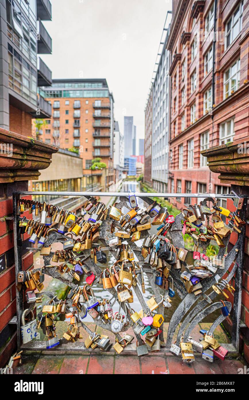 Love locks and Rochdale Canal, Oxford Street, Manchester Stock Photo