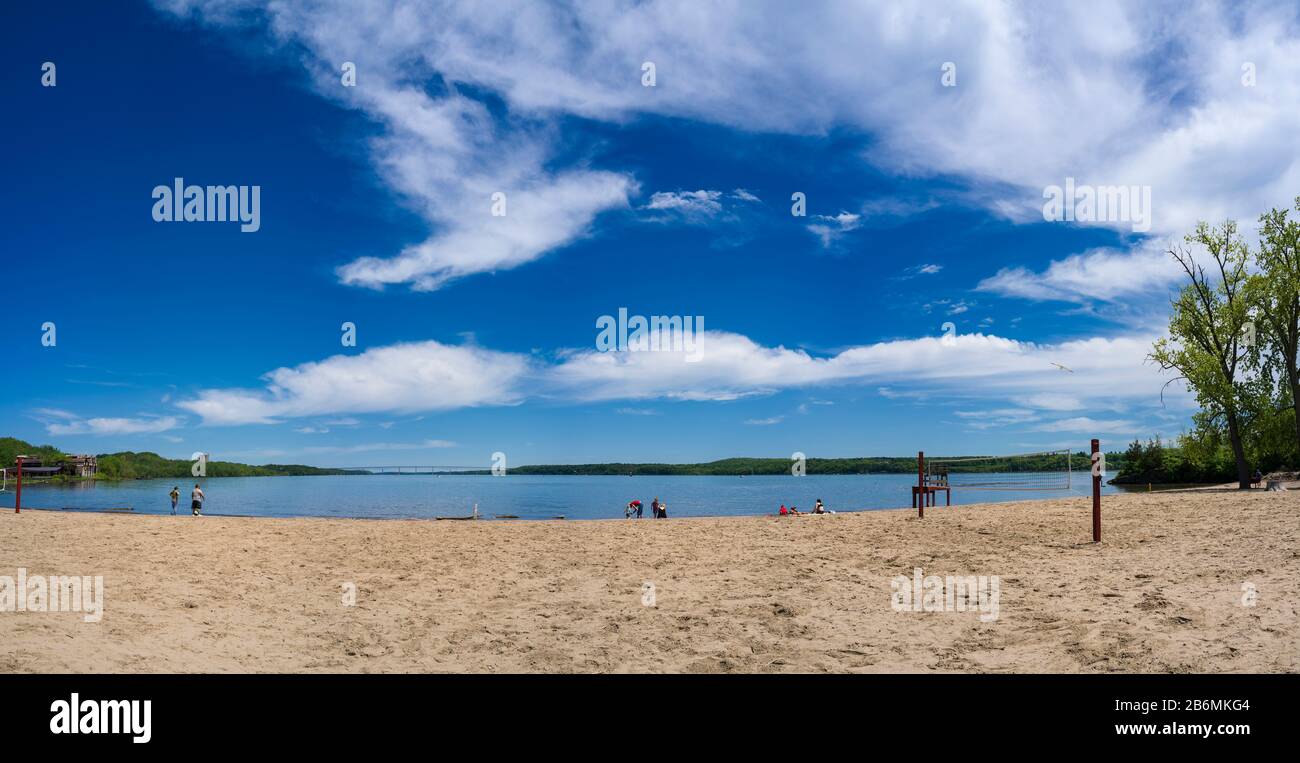 View of beach and river, Hudson River, Kingston, New York, USA Stock Photo
