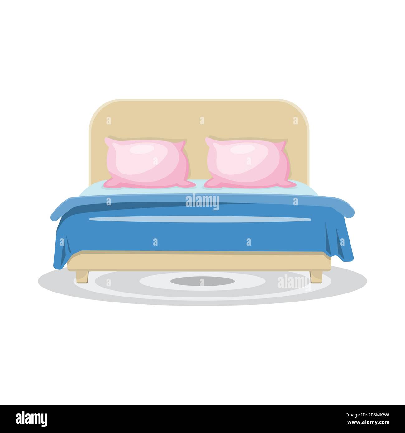 Sleeping bed with pink pillows and blue blanket, with grey rug. Vector illustration Stock Vector