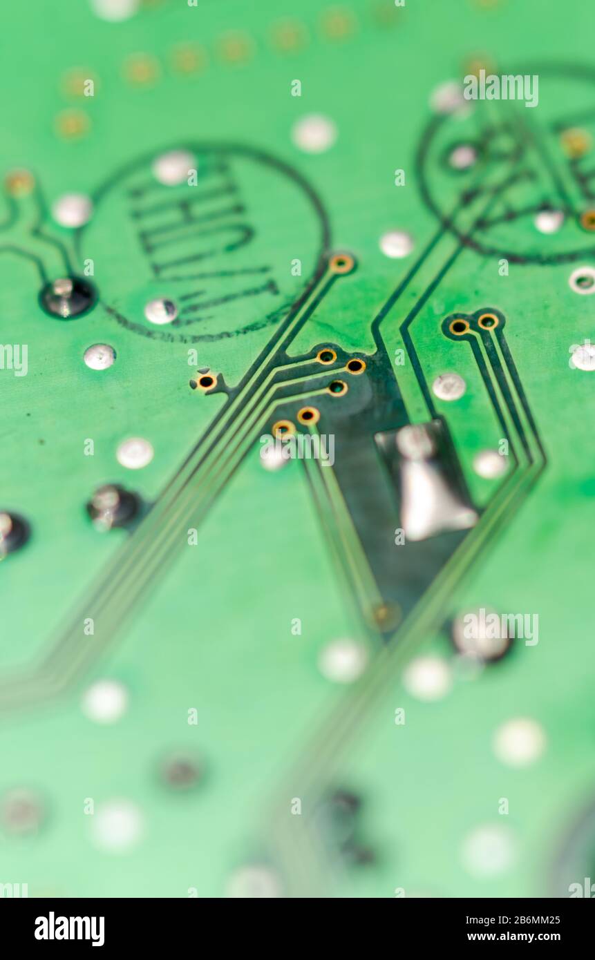 Close up macro of computer hardware modem circuit board, modulator
