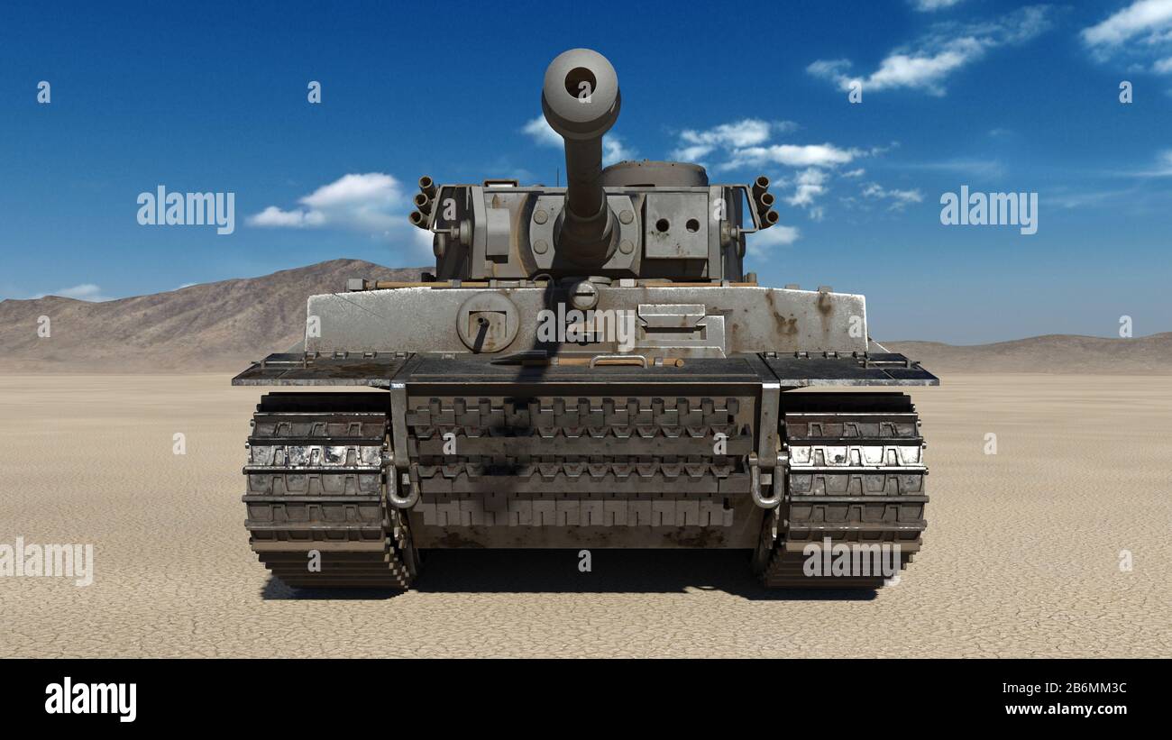 Old army tank, vintage armored military vehicle with gun and turret in desert environment, front view, 3D rendering Stock Photo