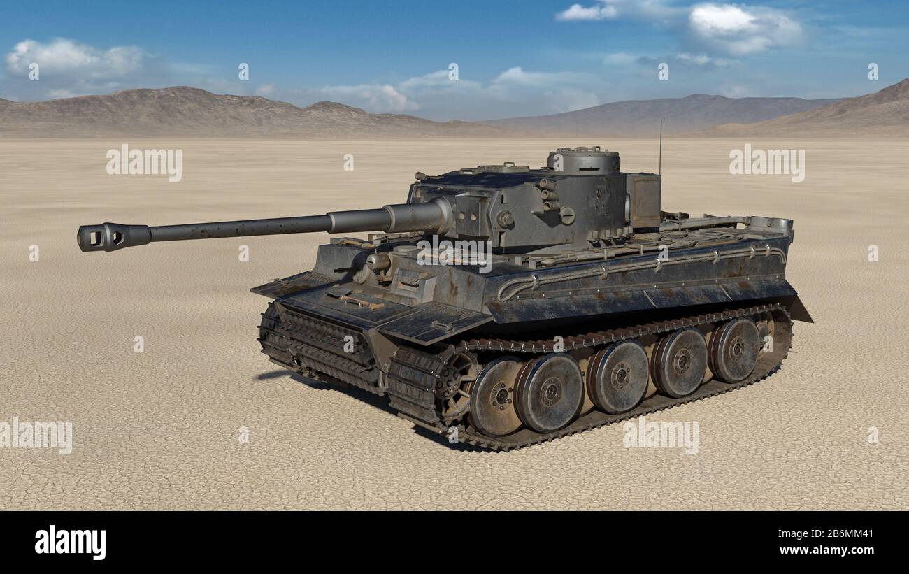 Old army tank, vintage armored military vehicle with gun and turret in desert environment, 3D rendering Stock Photo