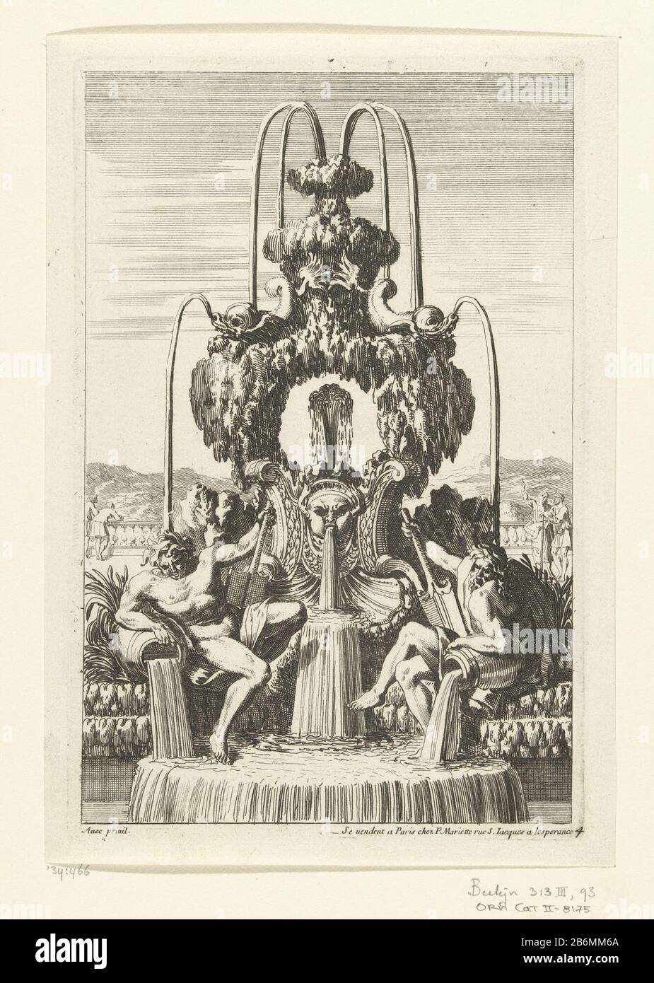 Fountain with two river gods Fontaines, ou Jet d'Eau à l'italienne (series title) Property Type: print ornament picture Serial: 4 / 6Objectnummer: RP-P-1934-466Catalogusreferentie: Orn Cat II 8175 Manufacturer : printmaker Jean Lepautrenaar own design: Jean Lepautreuitgever: Pierre Mariette (II) (listed building) provider of privilege: Louis XIV (king of France) (listed building) Place manufacture: printmaker: France (possible) in its design: France ( available) publisher: Paris Date: 1661 Material: paper Technique: etching dimensions: plate edge: h 230 mm × W 152 mm Stock Photo