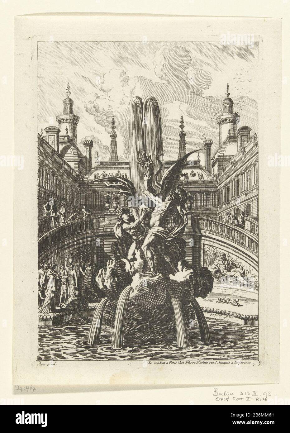 Fountain with two men a dragon holding Fontaines, ou Jet d'Eau à l'italienne (series title) Property Type: print ornament picture Serial Number: 5 / 6Objectnummer: RP-P-1934-467Catalogusreferentie: Orn Cat II 8176 Manufacturer  : printmaker Jean Lepautrenaar own design: Jean Lepautreuitgever: Pierre Mariette (II) (listed building) provider of privilege: Louis XIV (king of France) (listed building) Place manufacture: printmaker: France (possibly) to own design of France (possible) publisher: Paris Date: 1661 Material: paper Technique: etching dimensions: plate edge: h 229 mm × W 159 mm Stock Photo