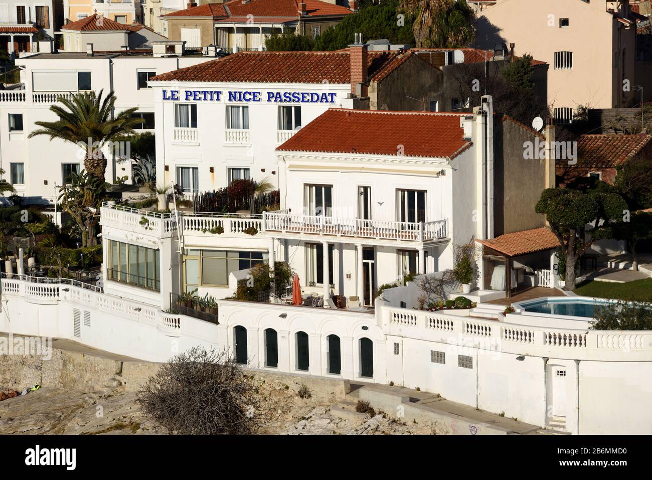 Le Petit Nice Luxury Hotel & 3-Star Restaurant, owned by Gerald Passedat, on the Waterfront or Seafront at Malmousque Marseille Provence France Stock Photo