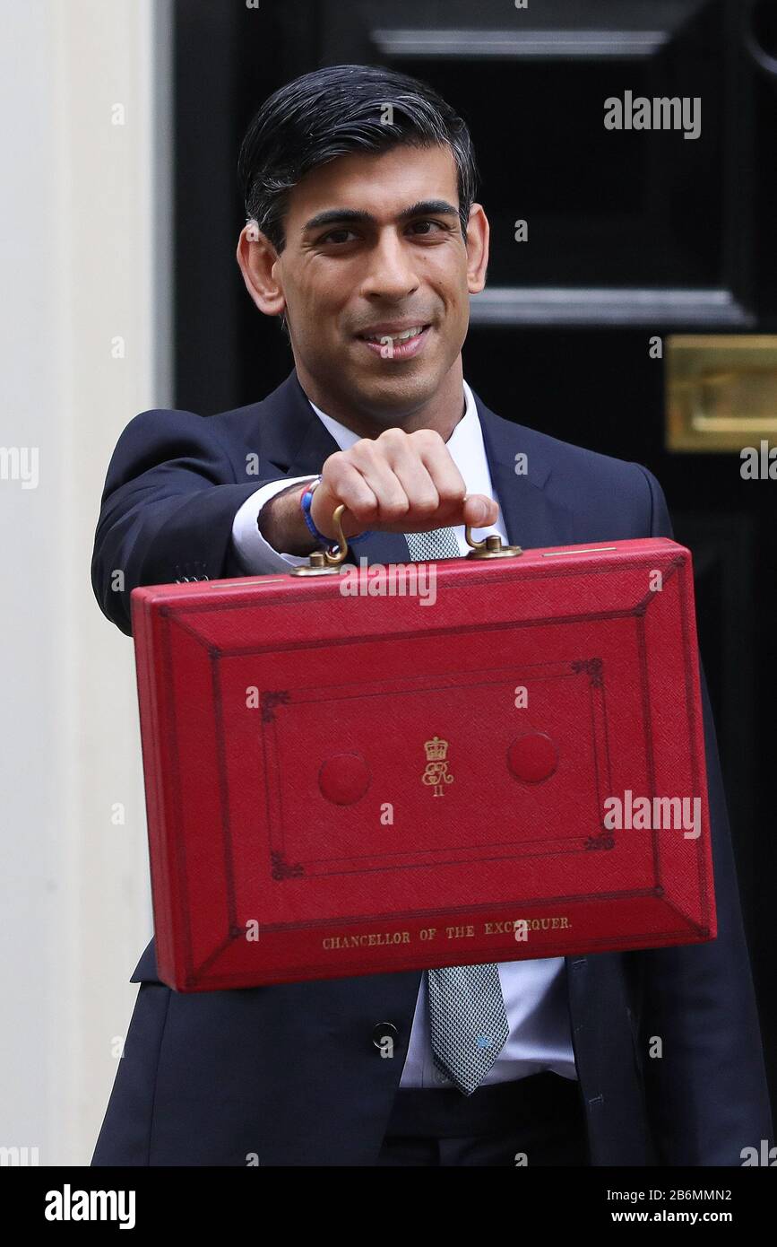 London, London, UK. 11th Mar, 2020. Rishi Sunak, Britain's Chancellor of the Exchequer, poses for photographs as he leaves 11 Downing Street to deliver his budget to Parliament, in London, Britain on March 11, 2020. Credit: Tim Ireland/Xinhua/Alamy Live News Stock Photo