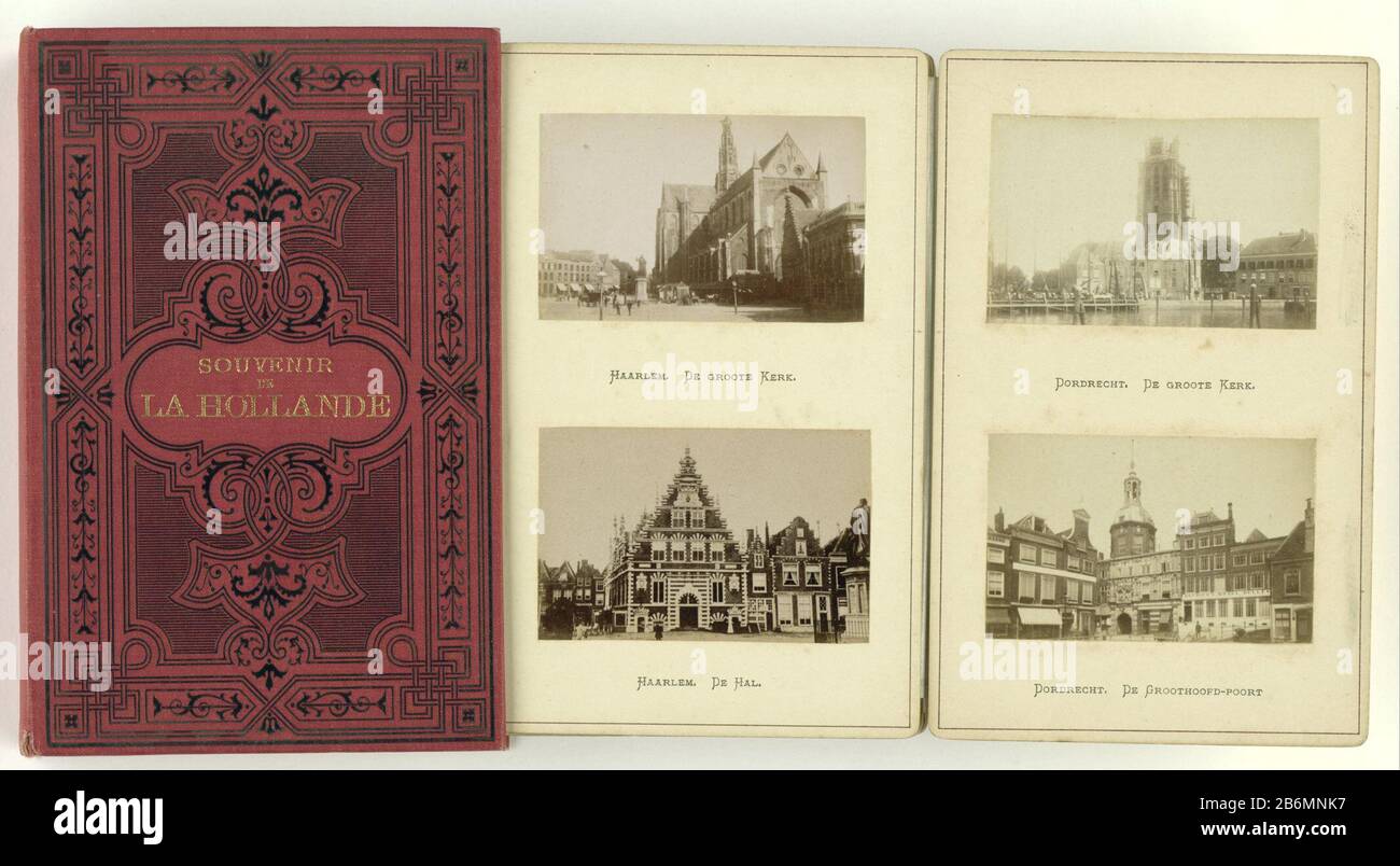 Fotoalbum met opnames van steden in Noord- en Zuid-Holland en Utrecht  Souvenir de la Hollande (titel op object) Leporelloalbum in red cloth  binding with the front in gold print the title. The