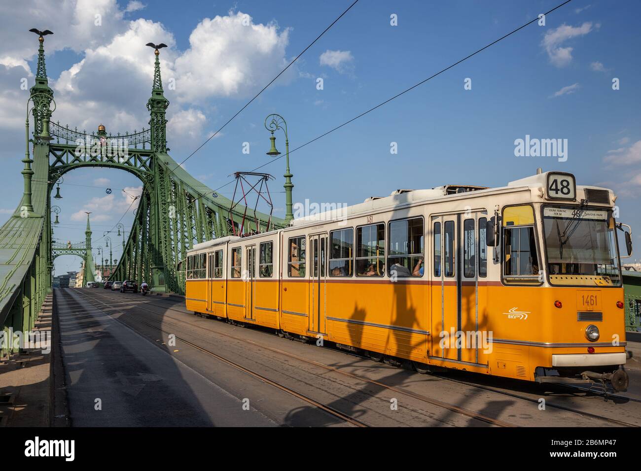 Tram line 48 passing over Liberty Bridge in Budapest, Hungary Stock Photo