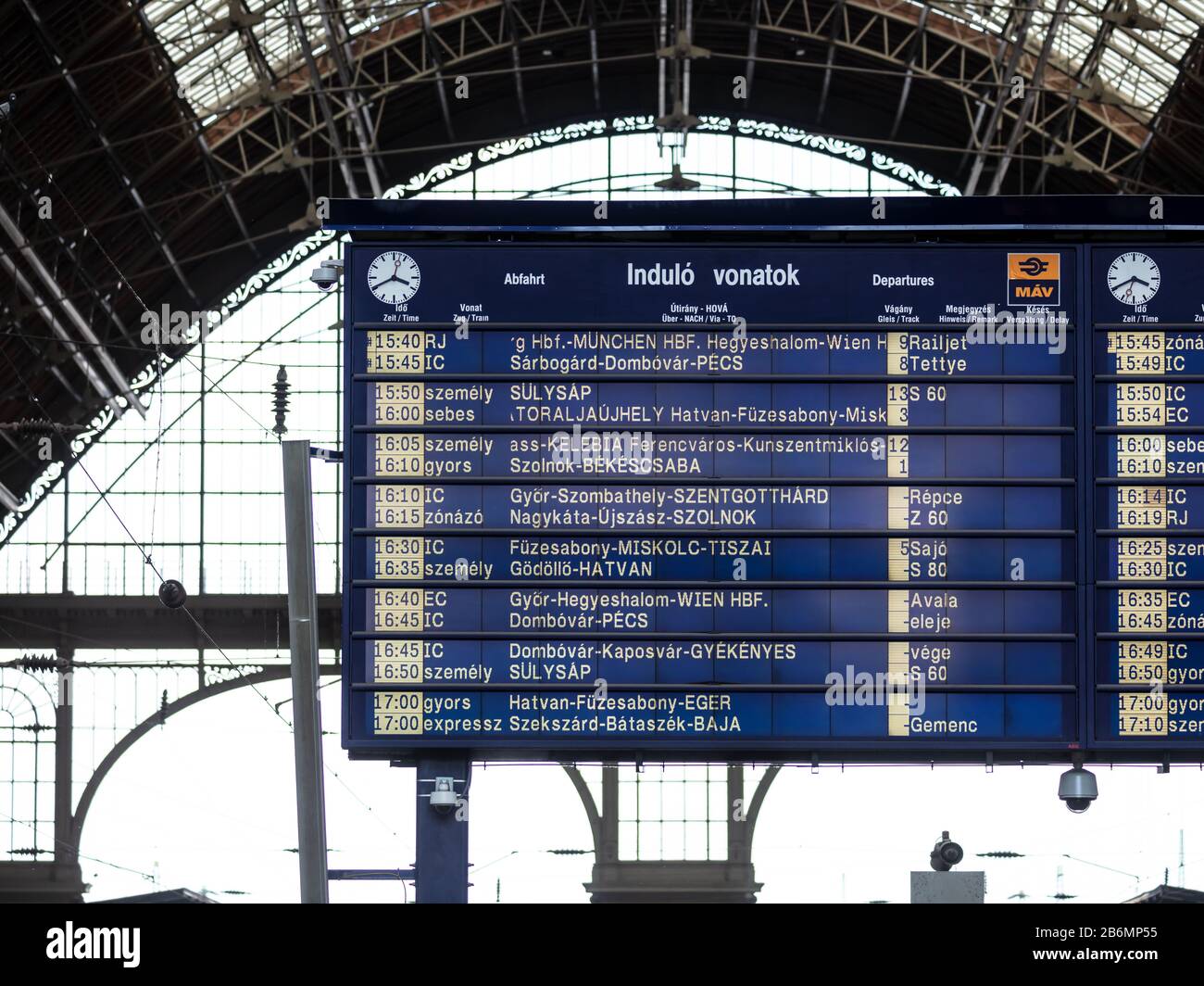 Train destination display inside Keleti train station in Budapest, Hungary Stock Photo