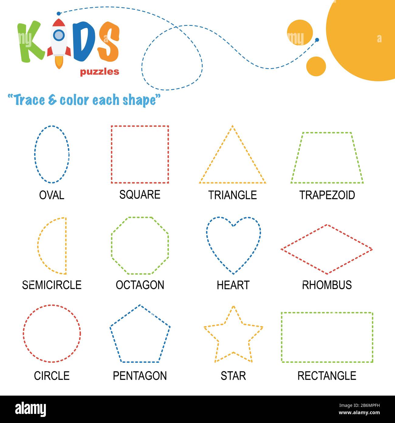 Trace & color the shape. Preschool worksheet practice. Printable easy and colorful worksheet for kids. Stock Vector