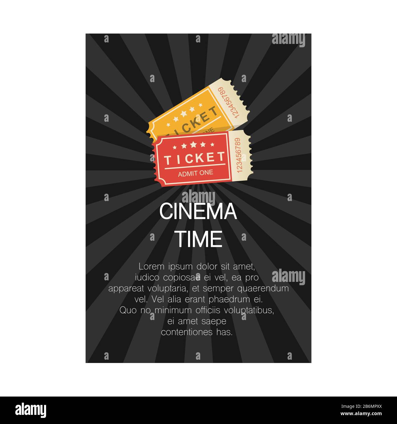 Cinema time. Black cartoon poster with tickets , vector mockup. Stock Vector