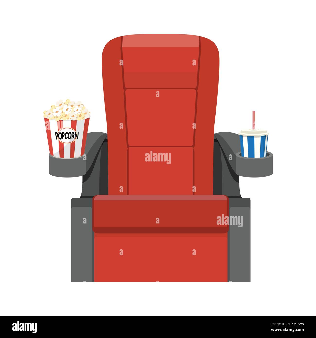 Cinema red velvet seats armchair with popcorn and soda drink. Stock Vector