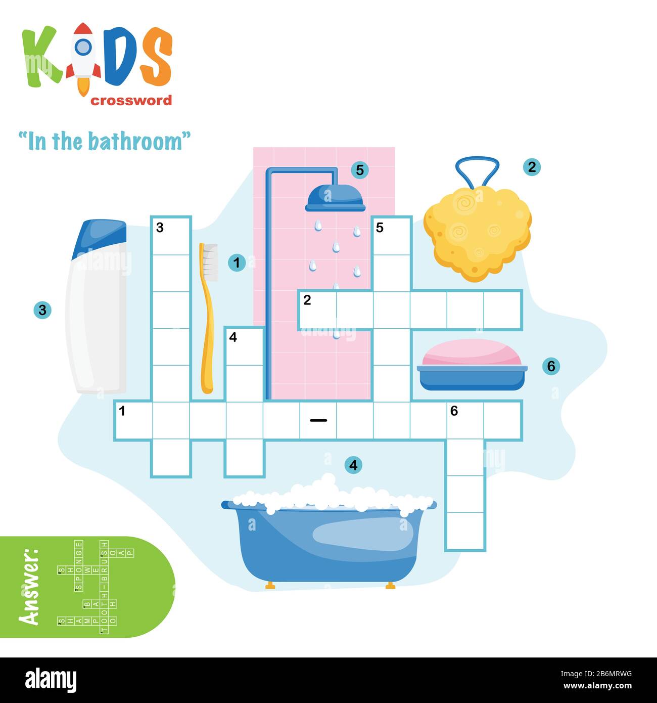 Easy crossword puzzle 'In the bathroom', for children in elementary and middle school. Fun way to practice language comprehension and expand vocabular Stock Vector