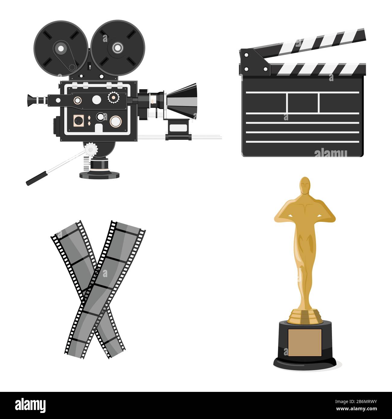 Set of cinematography elements vintage camera, clapperboard, film