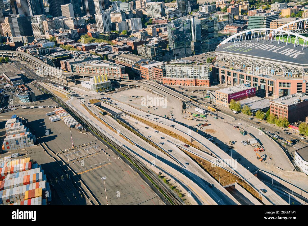 Aerial view of cars on Highway 99, Seattle, Washington State, USA Stock
