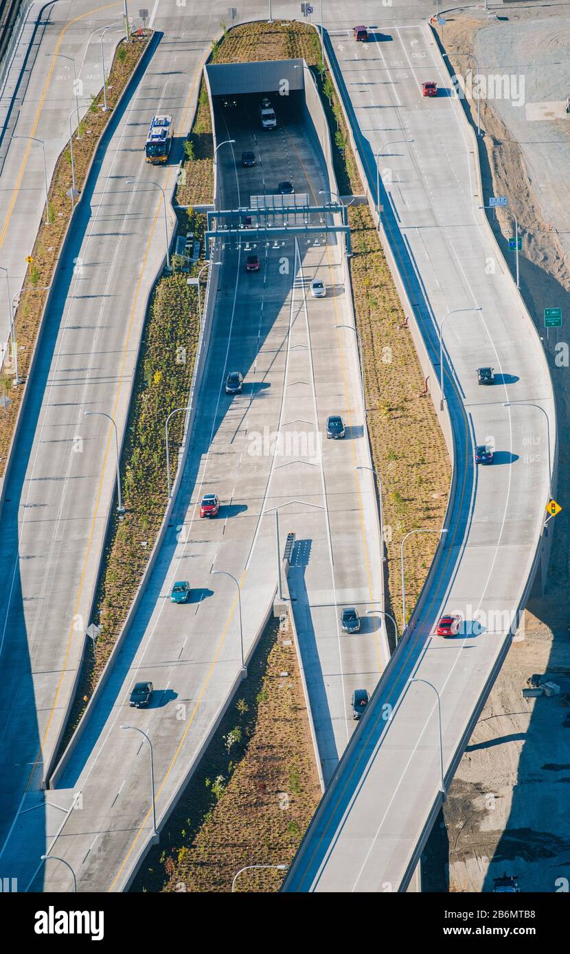 Aerial view of cars on Highway 99, Seattle, Washington State, USA Stock