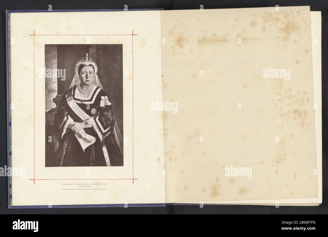 Fotoreproductie van een portret van koningin Victoria Her Majesty Queen Victoria, Empress of India (Kaisar-I-Hind) (titel op object) Photo Reproduction of a portrait of Queen VictoriaHer Majesty Queen Victoria, Empress of India. (Kaisar-I-Hind) (title object) Object Type: photomechanical reproduction print page Object number: RP-F-2001-7-1124-1 Inscriptions / Brands: inscription, recto, printed, 'Photographed for this work by permission or Messrs. Colnaghi.' Manufacturer : Photographer: Bourne & Shepherd (possible) printmaker: anonymous to painting by: anonymous Date: ca. 1867 - ca. 1877 Mater Stock Photo