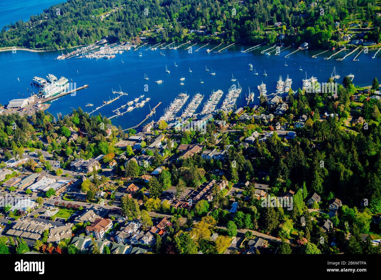 Aerial view of Bainbridge Island, Eagle Harbor and Lake Union, Washington State, USA Stock Photo